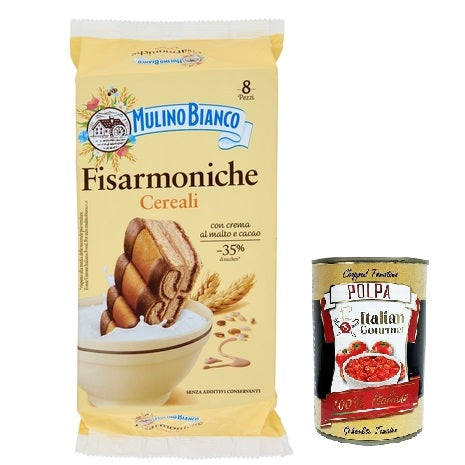 Mulino Bianco Fisarmoniche Biscuits with Cocoa Malt Cream 3 x 264 g (Total 24 Pieces) - Italian Pastry with 8 Cereals, Less Sugar, Palm Oil Free + Italian Gourmet Polpa