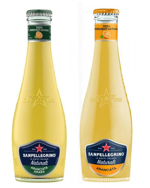 SanPellegrino San Pellegrino Aranciata Amara Alcohol-Free Drink with Bitter Orange + Aranciata Alcohol-Free Drink with Orange Juice, 20 cl Disposable Glass Bottle, Pack of 48