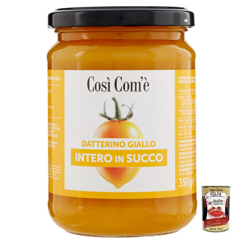 Così Com'è Datterino Giallo Intero in Succo, Whole Yellow Datterino Tomato in Juice, Italian Tomatoes, 350 g Glass + Italian Gourmet Polpa di Pomodoro 400 g Tin