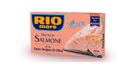3x Rio Mare Filetto di Salmone cotto al vapore all'Olio Extra Vergine di Oliva Steamed Salmon Fillet with Extra Virgin Olive Oil 125 g Rich in Omega 3