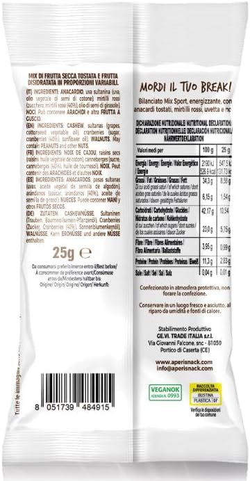 Aperisnack B-Fruit mix sport 100% natural mix of dried and dehydrated fruit, 20 single-serving snacks of 25g each.