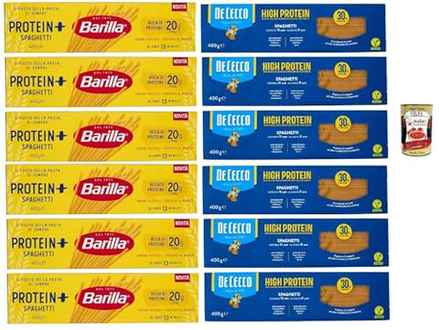 Pasta High Protein Test Pack, De Cecco and Barilla Spaghetti, Italian Durum Wheat Noodles, 12 Packs of 400 g, Pasta Made from 100% Italian Durum Wheat + Italian Gourmet Polpa 400g