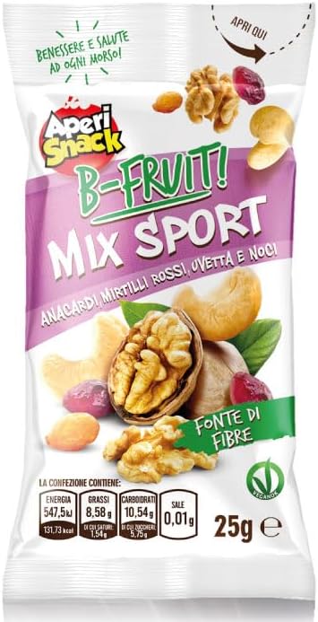 Aperisnack B-Fruit mix sport 100% natural mix of dried and dehydrated fruit, 20 single-serving snacks of 25g each.
