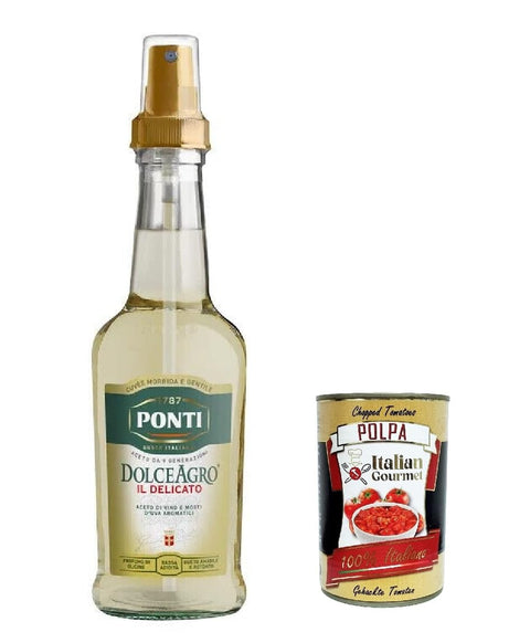6 x Ponti Vinegar Dolceagro Il Delicato Spray Wine Vinegar and Aromatic Grape Must, 250 ml Glass Bottle + Italian Gourmet Polpa 400 g
