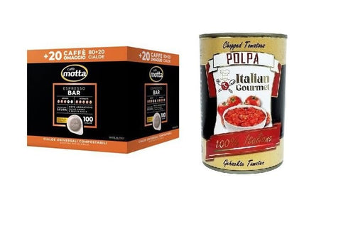 Caffè Motta Espresso Bar Cialde, Universal Compostable Coffee Pods, Traditional Neapolitan Espresso, Pack of 80 + 20 + Italian Gourmet Polpa di Pomodoro 400 g Tin
