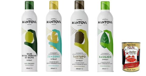 Mantova Italian Flavour Oil Spray Set, Virgin Olive Oil, Ginger, Truffle, Basil, 4 x 200 ml + Italian Gourmet Polpa 400g