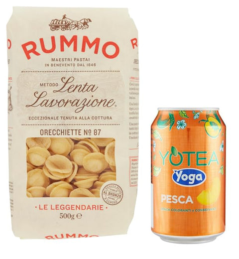 Rummo Pasta Orecchiette N°87, Italian Pasta Made of Durum Wheat Semolina, 500 g + 1 Pack Free Yoga Iced Tea Peach 330 ml Tin