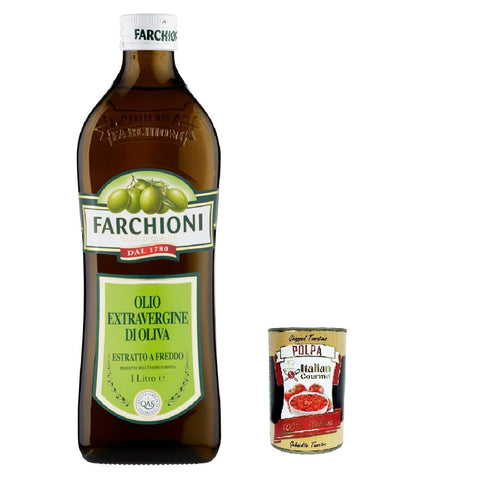 Farchioni Extra vergine di oliva Classico Extra Virgin Olive Oil 1000 ml olio vergine oliva 1 lt + Italian Gourmet polpa 400 g