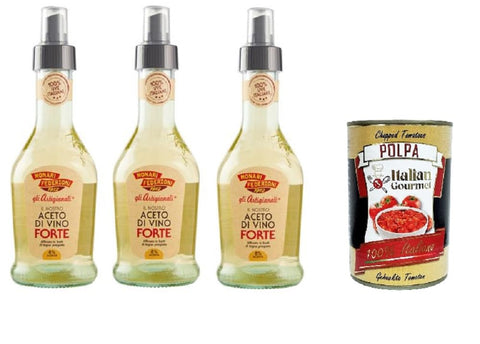 Monari Federzoni Gli Artigianali Il Nostro Aceto di Vino Bianco Forte Monari Federzoni Gli Artigianali Our Strong White Wine Vinegar Spray 3 x 250 ml + Italian Gourmet Polpa di Pomodoro 400 g