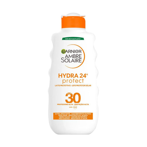 Garnier Ambre Solaire Hydra 24H Protect, Face and Body, Ultra-Moisturising All Day Milk with High SPF 30 Protection, Water Resistant, Fast Absorption, 200 ml
