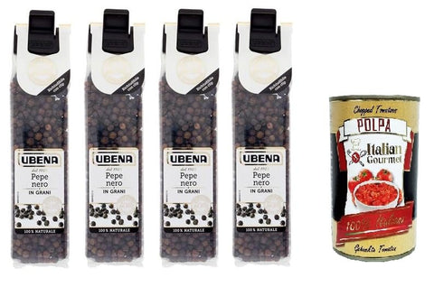 Ubena, Pepe Nero in Grani, Black Peppercorns, 4 x 30 g Clip Bag Format + Italian Gourmet Polpa 400 g