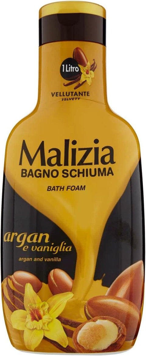 12 x Malizia Bagnoschiuma Argan e Vaniglia 1 Litre Argan and Vanilla Bubble Bath + Italian Gourmet Polpa 400 g
