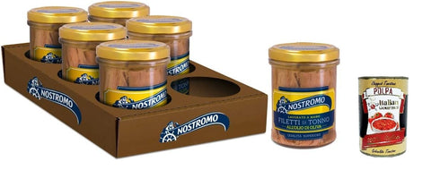 Nostromo Tuna Fillets with Olive Oil, 6 Glasses of 180 g. Superior Quality, Handmade, Source of Omega 3 + Italian Gourmet Polpa 400 g