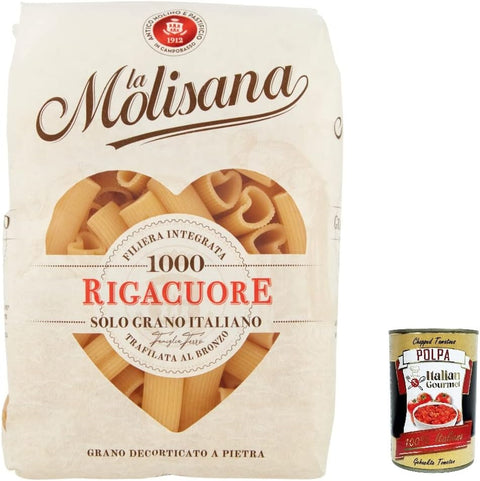 La Molisana Rigacuore N. 1000 Pasta Lenta Lavorazione Pasta Made of Durum Wheat Semolina Bronze Drawing 500 g + Italian Gourmet Polpa 400 g Pack of 10