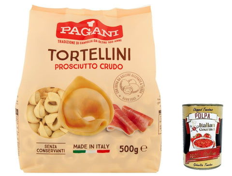 12 x Pagani Pasta all' Uovo Tortellini with Prosciutto Crudo, Egg Noodles with Parma Ham, Pasta with Egg 500 g + Italian Gourmet Polpa 400 g