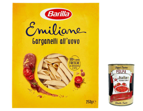 3 x Barilla Pasta all' Uovo Le Emiliane Garganelli, egg noodles, pasta with egg 250 g + Italian gourmet polpa 400 g