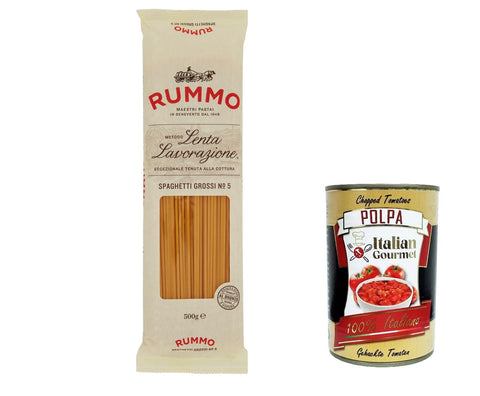 Rummo Spaghetti Grossi N. 5 Durum Wheat Semolina Pasta Italian Noodles 500 g Pack + Italian Gourmet Polpa di Pomodoro 400 g Tub Pack of 8
