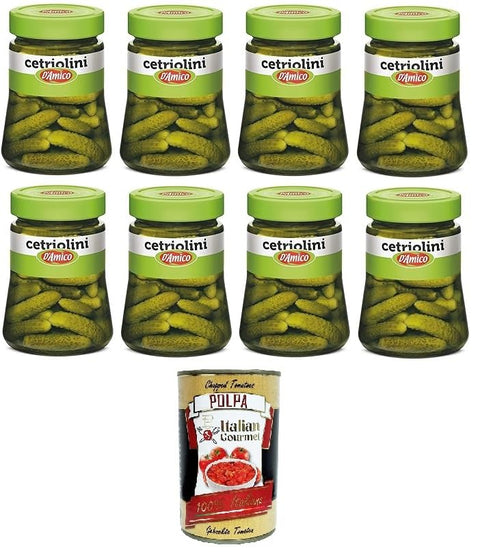 D'Amico Cetriolini aromattizzati all'aceto di vino cucumbers in wine vinegar 8 x 300 g + Italian gourmet polpa 400 g