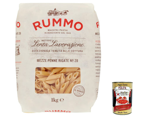Rummo Mezze Penne Rigate N. 28 Durum Wheat Semolina Pasta Italian Noodles 1 kg Pack + Italian Gourmet Polpa di Pomodoro 400 g Tin Pack of 12
