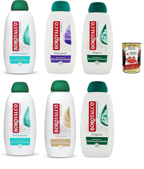 Borotalco Test Set Shower Gel, Profumo di Borotalco Original Rinfrescante and Rilassante Body and Shower Gel Shower Gel 6 x 450 ml + Italian Gourmet Polpa 400 g