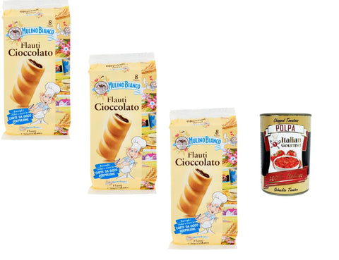 Mulino Bianco Flauti Cioccolato 3 x 280 g Italian Breakfast Pastry with Cocoa Filling Soft Pastry Family Pack + Italian Gourmet Polpa