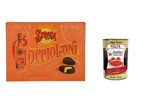 Alberti Strega Goccioloni allo Strega Pack of 15 - 195 g Dark Chocolate Filled with Strega Liqueur + Italian Gourmet Polpa 400g