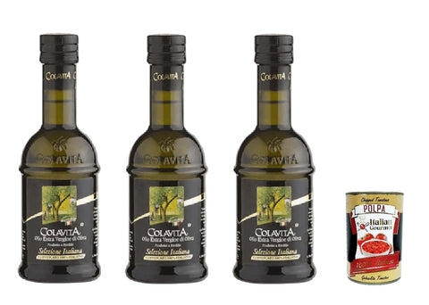 Colavita Olio Extra Vergine Di Oliva Selezione Italiana 3 x 250 ml, Extra Virgin Olive Oil 100% Italian + Italian Gourmet Polpa 400 g