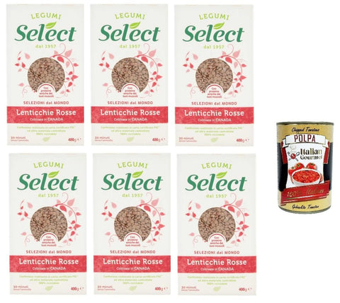 Select Lenticchie Rosse Coltivate in Canada, Red Lentils, Grown in Canada, Legumes Paper Packaging, 6 x 400 g + Italian Gourmet Polpa 400 g