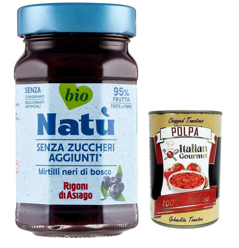 Rigoni di Asiago Natù Mirtilli Neri di Bosco Organic Blueberry Preparation, Blueberry Jam without Added Sugar 240 g + Italian Gourmet Polpa di Pomodoro 400 g Tin