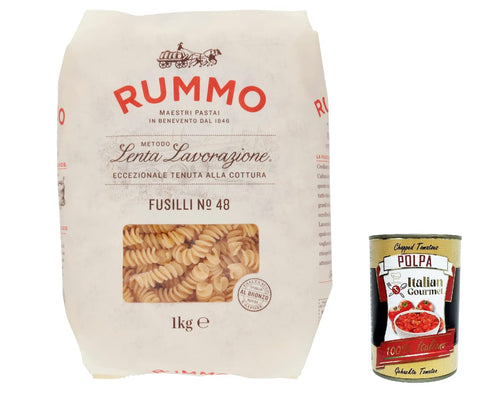 4x Rummo Fusilli N. 48 Durum Wheat Semolina Pasta, Italian Pasta, 1 kg Pack + Italian Gourmet Polpa di Pomodoro 400 g Tin