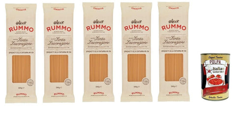 Rummo Spaghetti alla Chitarra n° 104 Pasta Lenta Lavorazione Pasta Made of Durum Wheat Semolina Bronze Drawing 5 x 500 g + Italian Gourmet Polpa 400 g