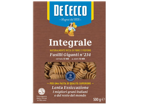 De Cecco Fusilli Giganti n° 234 Integrali Whole Grain Pasta Durum Wheat Semolina Pasta Whole Grain 500 g Pack of 12
