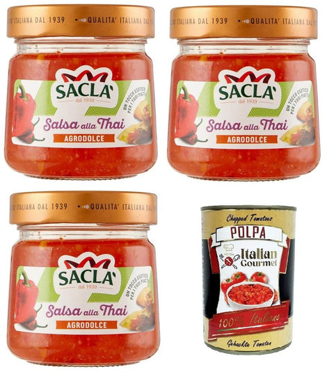 Saclà, Thai sauce, seasoning based on peppers, garlic and chili, hot and sweet and sour, ideal for meat, fish and fried dishes, glass, 3 x 210 g, + Italian gourmet polpa 400 g