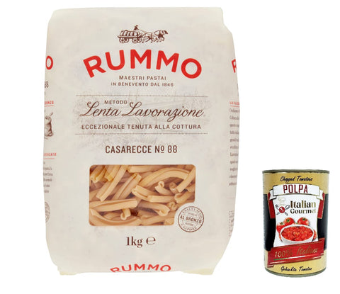 4x Rummo Casarecce N°88 Pasta Lenta Lavorazione Pasta Made of Durum Wheat Semolina Bronze Drawing 1 kg + Italian Gourmet Polpa 400 g