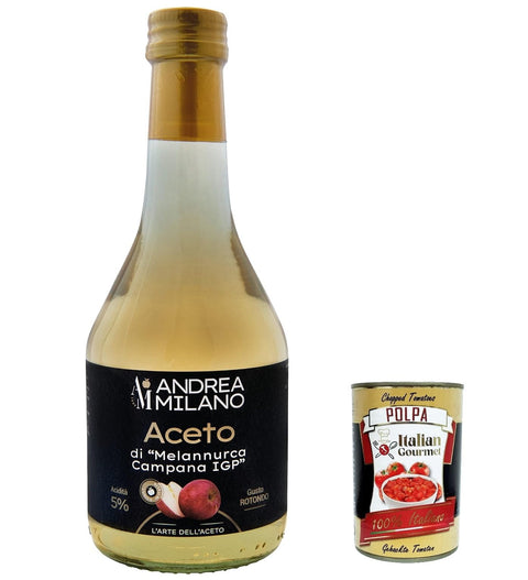 6 x Andrea Milano, Aceto di Melannurca Campana IGP, Vinegar from Fresh Unpasteurised Apples and Natural Fermentation, Produced, Acid 5%, 500 ml + Italian Gourmet Polpa 400 g