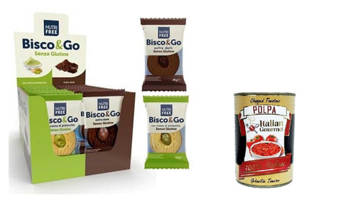 NutriFree Box Bisco&Go Biscotti Senza Glutine Pistacchio e Cioccolato Extra Dark Gluten-Free Biscuits with Pistachios and Extra Dark Chocolate 640 g (16 x 40 g) + Italian Gourmet Polpa 400 g