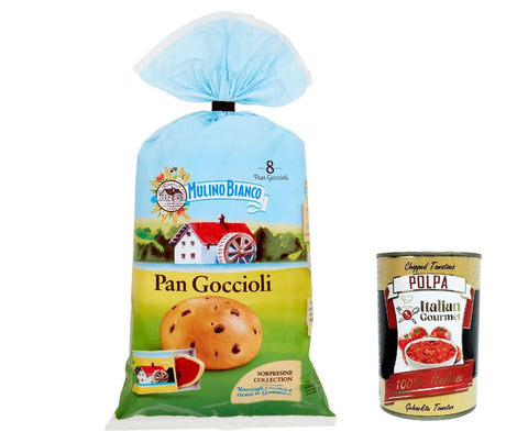 6 x Mulino Bianco Pan Goccioli Cake Sweet Snacks Brioche, Bread with Chocolate Chips 336 g + Italian Gourmet Polpa 400 g