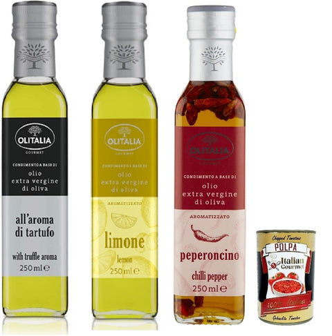 Olitalia Olio Condimento a Base di olio extra virgin di oliva all'aroma test set, extra virgin olive oil flavour 3 x 250 ml + Italian gourmet polpa 400 g