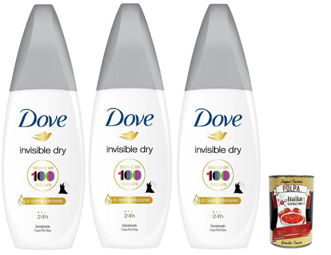Dove Deodorant Vapo Invisible Dry with Moisturising Cream, Deodorant No Gas 24h - Deodorant 3 x 75 ml + Italian Gourmet Polpa 400 g