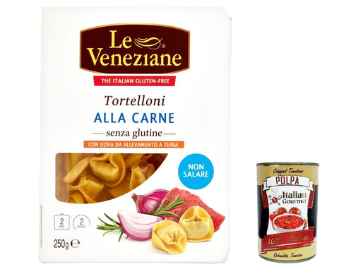 8x Le Veneziane Tortelloni Carne Senza Glutine, Meat Tortelloni Gluten Free, Pasta Noodles Gluten-Free 250 g + Italian Gourmet Polpa 400 g