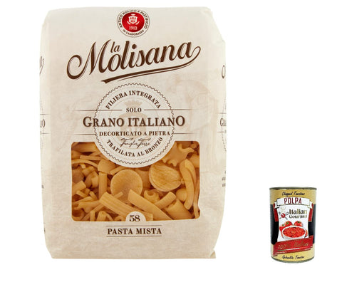 La Molisana Pasta mista N. 58 Pasta Lenta Lavorazione Pasta Made of Durum Wheat Semolina Bronze Drawing 500 g + Italian Gourmet Polpa 400 g Pack of 10