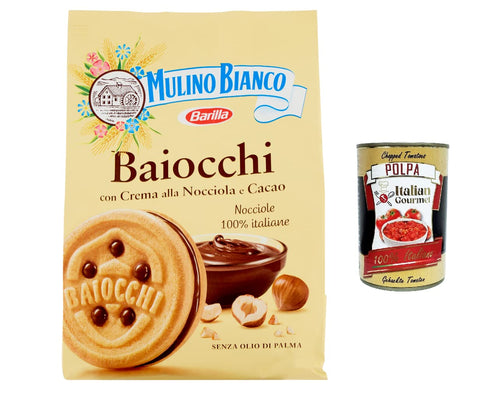 12 x Mulino Bianco Baiocchi Biscuits with Hazelnut Cream and Cocoa for Breakfast and Sweet Snack for the Afternoon 260 g + Italian Gourmet Polpa 400 g