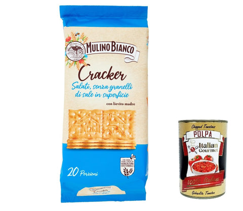 12 x Mulino Bianco Barilla Crackers Crackers Non Salati with Reduced Salt Content 500 g Savoury Snack Biscuits from Italy + Italian Gourmet Polpa 400 g