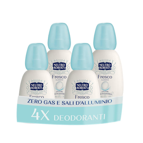Neutro Roberts, Classic Fresh Vapo Deodorant, Zero Aluminium Salts, with Pure Glycerin Oil, Deodorant for Men and Women, 100% Recycled Plastic, Zero Gas, 48h – 4 Pieces of 75 ml