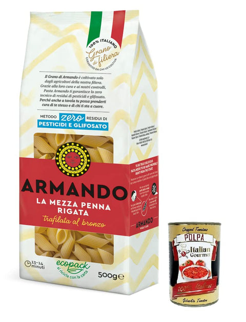 Armando La Mezza Penna Rigata, Bronze-Drawn Noodles, 100% Italian Pasta, 500 g + Italian Gourmet Polpa di Pomodoro 400 g Tin