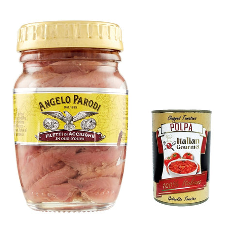 Angelo Parodi Filetti Di Acciughe In Olio D'oliva, Anchovy Fillets in Olive Oil 90 g + Italian Gourmet Polpa di Pomodoro 400 g