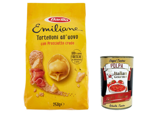 6 x Barilla Pasta all' Uovo Le Emiliane Tortelloni with Prosciutto Crudo, Egg Pasta, Pasta with Egg 250 g + Italian Gourmet Polpa 400 g