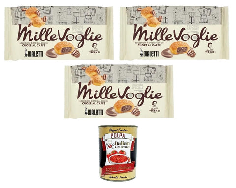 Vicenzi Mille Voglie - Puff Pastry Appetizers with Coffee Heart 3 x 100 g - Bialetti Special Edition + Italian Gourmet Tomato Polpa 400 g