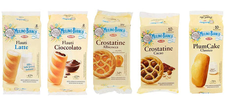 Test Pack Mulino Bianco Packaged Snacks Crostatina Cocoa and Apricot - Flauti Chocolate and Milk - Plum Cake with Yoghurt 5 Pieces