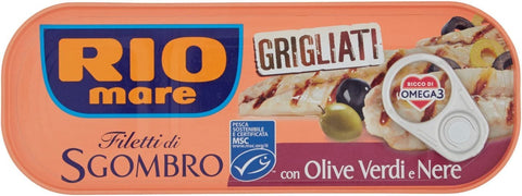 Rio mare Sgombro Grilled Mackerel Fillets with Green, Black Olives, 120 g, Pack of 3